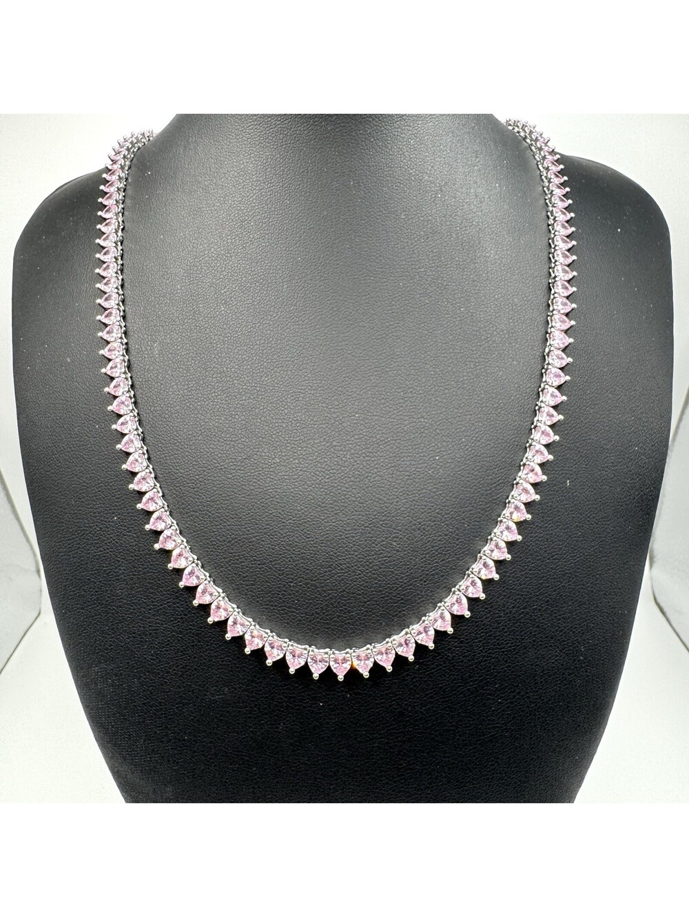 Pink Heart Crystal Tennis Necklace Silver Tone 18” Rhinestone Statement Jewelry